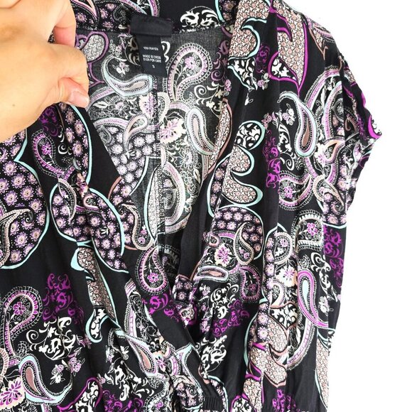 Torrid Black Pink Challis Floral Paisley Short Sleeved Faux Wrap Dress - Picture 4 of 8